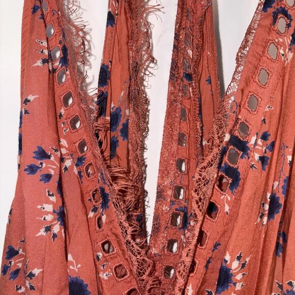 Intimately Free People Orange Floral Mini Dress Lace Wrap Eyelet Medium New - Picture 5 of 13